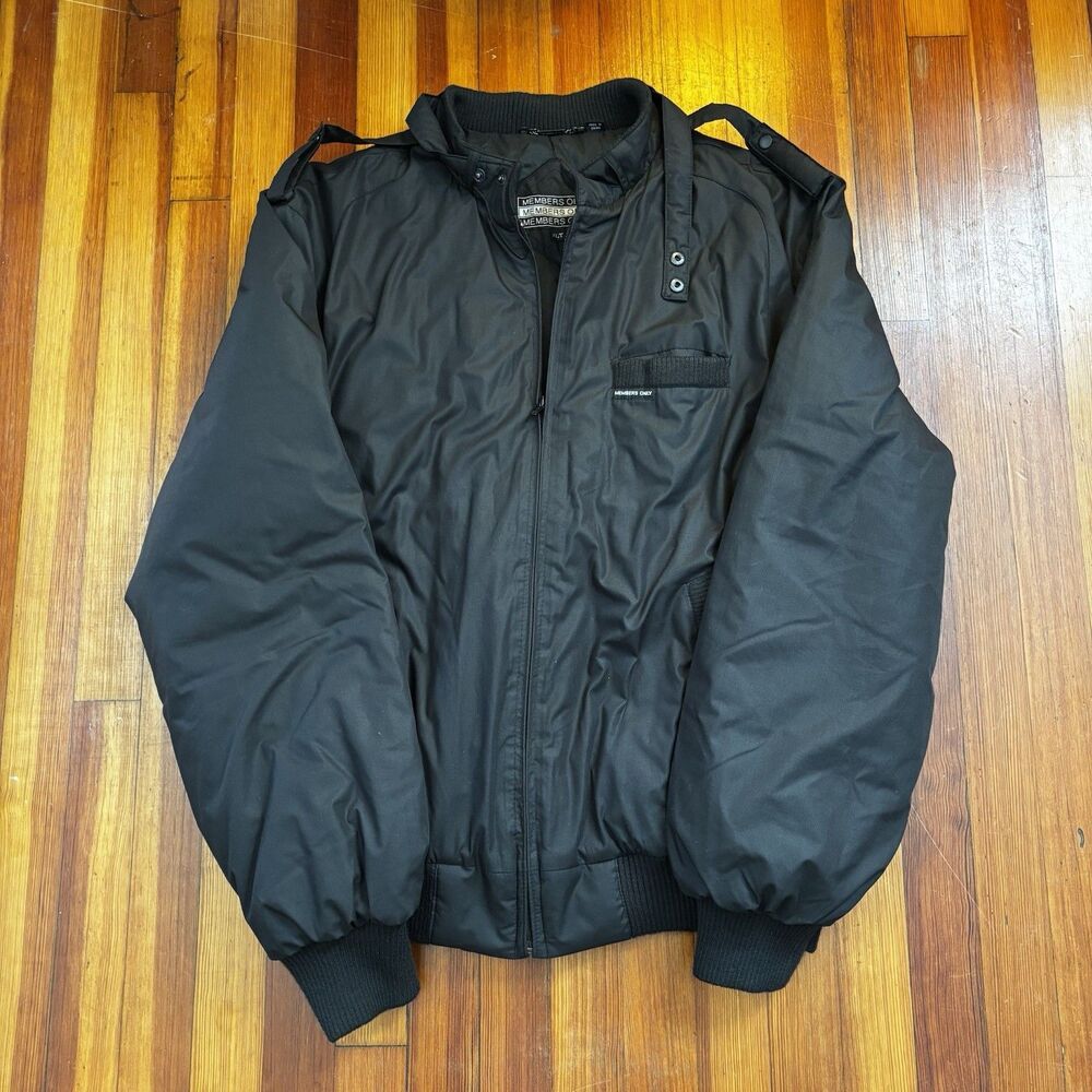 Members Only Mens XLT Long Black Iconic Racer Bomber Jacket Vintage